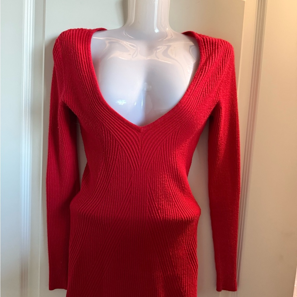 Guess Red Deep V-Neck Sweater Dress